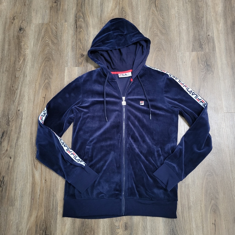 Fila Velvet Hoodie Sweatshirt Womens Size Medium M Blue Full Zip Long Sleeve